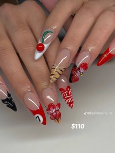 Lollapalooza Nail Ideas, Von Dutch Nails, 90s Nail Art Design, Fair Nail Ideas, Diet Coke Nails, Fall Funky Nails, I Heart Me Nails, Gambling Nails, Crazy Nail Ideas