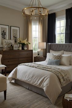 a bedroom with a bed, chair and chandelier hanging from the ceiling in front of two windows