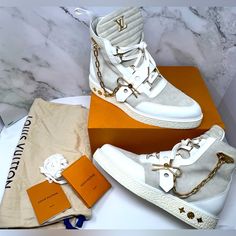 Second Owner- Originally Purchased From Gucci Mane! Only Worn One Time By My Husband These Are 11.5uk & Fit Like A 12.5us Louis Vuitton Suede High Top Sneakers Creeper Ankle Boot Grey Lv Monogram Metal Trim Round-Toes With Chain-Link Accents Lace-Up Closure At Uppers Includes Box, Dust Bags, & Extra Laces Designer Luxury High-top Sneakers With Laces, Luxury Gray High-top Sneakers With Laces, Luxury High-top Suede Custom Sneakers, Louis Vuitton Men Shoes Boots, Luxury Men's High-top Sneakers With Stitched Sole, Luxury Men's Lace-up High-top Sneakers, Mens Creepers, Gucci Mane, Lv Monogram