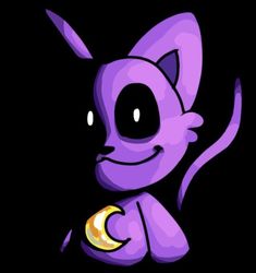 a purple cat with big eyes and a crescent in its paws, sitting on the ground