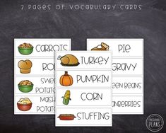 three thanksgiving cards with pictures of turkey, pumpkins and other foods on them in front of a blackboard