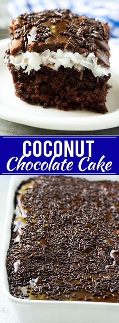 two pictures side by side of a chocolate cake with coconut frosting on the top