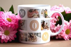 a coffee mug that has photos on it with the letter m in front of pink flowers