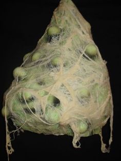 a bunch of green fruit sitting on top of a black surface with white string wrapped around it