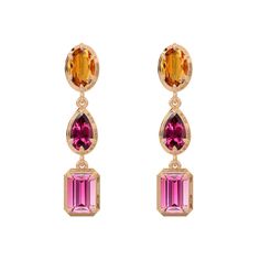 Pink Tourmaline & Citrine Statement Drop Dangle Gold Earrings  By Valley Rose Ethical Jewelry Ultrasonic Jewelry Cleaner, Spinel Ring, Pink Spinel, Gold Collection, Jewelry Cleaner, Necklace Sizes, Pear Cut, Pink Tourmaline, Emerald Cut