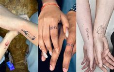 four different tattoos on the arms and hands of people with their names tattooed to them