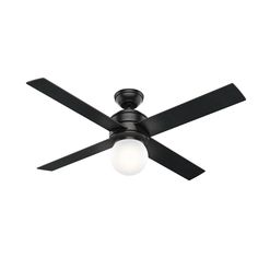 a black ceiling fan with a light on it's blade and two dark blades