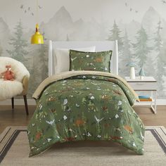 a bed with green and white comforter in a bedroom next to a wallpaper