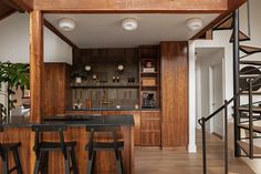 Kitchen Wood Wall, Canned Lighting, Modern Backsplash, Brick Floor, Devol Kitchens, Cle Tile, Kitchen Wood, Dark Kitchen, Emily Henderson