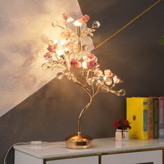 Korean Garden Rose Ceramic Nightstand Lamp With Crystal Accents - 5 Heads Pink Korean Garden, Table Lamp Luxury, Nightstand Lighting, Styl Shabby Chic, Estilo Shabby Chic, Copper Chandelier, Style Shabby Chic, Crystal Table Lamps, Nightstand Lamp