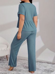 Lasaky - Premium Plus Size Loungewear Set for Women: Stylish Short Sleeve Henley Top & Pants Outfit, Solid Color, Perfect for Casual Wear Non-stretch Wide Leg Loungewear Sets, Casual Loungewear Sets With Trousers, Casual Loungewear Trousers Set, Short Sleeve Henley, Henley Top, Loungewear Set, Set For Women, Pants Outfit, Pants Set