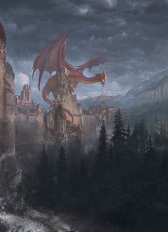 a painting of a dragon flying over a castle