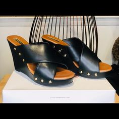 Jessica Simpson Black Sleek Pu Shoes W/Gold Stubs On The Sides Black Heels 10m 4” Heels Chic Black Heels With Studded Rubber Outsoles, Chic Black Studded Heels, Red Wedge Sandals, Brown Wedge Heels, Multi Colored Heels, Red Wedges, Nude Wedges, Strappy Wedges, Wedge Heel Sandals