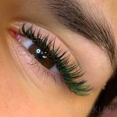 Lash Extensions With Green, Green Lashes Extensions, Green Eyelash Extensions, Green Lash Extensions, Prom Lashes, Green Eyelashes, Natural Looking Eyelash Extensions, Lash Extentions, Volume Lash Extensions