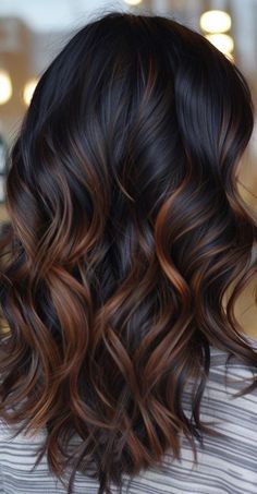 Ombre Brown Highlights, Fall Inspired Balayage, Black And Brown Balayage Hair, Ombré For Dark Hair, Dark Chocolate With Copper Highlights, Dark Copper Balayage On Black Hair, Copper Balayage Brunette Medium, Shoulder Length Chocolate Balayage, Chocolate Highlights On Dark Hair Straight