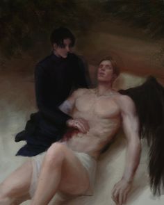 a painting of a man laying on the ground next to another man