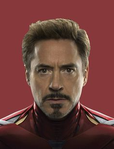 the face of iron man is shown in front of a red background with an image of tony starke