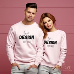 "Cute Couple Mockup featuring a man and a woman, front view for Gildan 18000 Light Pink Sweater for Lovers, Valentine's Day, Anniversary. This sweatshirt mock is a simple image that is easy to use with Canva, Photoshop, Photopea etc. to make a perfect mockup for your print on demand design. ♥ Our Mockups are designed to perfectly fit Etsy's new square listing image size. --------------------- ♥ We specialize in unique settings and product colors. If you like our mockups, do not forget to follow our shop to be informed about our new designs! --------------------- ♥ How to get your Mockup: - After purchasing, you can download a PDF with a Google Drive link to your images from your Etsy account or confirmation email. - Please note that all listings have a separate PDF and you will need to ope Customizable Long Sleeve Pink T-shirt, Customizable Pink Long Sleeve T-shirt, Pink Long Sleeve Customizable T-shirt, Customizable Long Sleeve Pink Top, Pink Long Sleeve Sweatshirt With Branding, Customizable Long Sleeve Pink Sweatshirt, Pink Crew Neck Sweatshirt With Branding, Woman Front View, Male Sweater