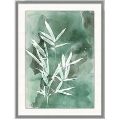 a watercolor painting with green and white leaves on the bottom, in grey frame