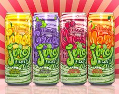 three cans of juice with different flavors