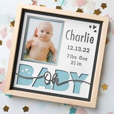 a birth announcement with a baby's photo in the frame and stars around it