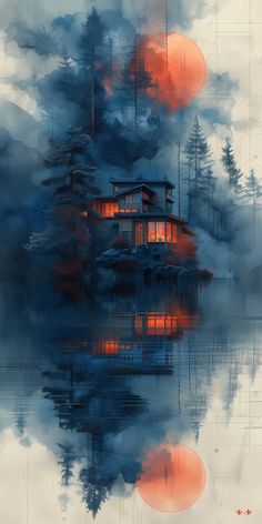 a painting of a house in the middle of water with trees and clouds around it