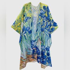 Introducing Our Van Gogh Iris Floral Print Chiffon Kimono, A Graceful And Artistic Addition To Your Wardrobe That Offers The Convenience Of One Size Fits All! Measuring 35.5" Long From The High Point Of The Shoulder To The Hem, This Kimono Ensures A Flattering Fit For Sizes 2 To 22, Ensuring That You Feel Comfortable And Confident. Crafted With Care, Our Kimono Is Made From 100% Polyester Chiffon, Providing A Delicate And Flowing Feel Against Your Skin. The Captivating Van Gogh Iris Floral Print Spring Vacation Chiffon Kimono, Chiffon Kimono For Spring Vacation, Summer Beach Chiffon Kimono, Summer Chiffon Kimono For Vacation, Summer Vacation Chiffon Kimono, Chiffon Kimono For Summer Vacation, Blue Printed One Size Kimono, Blue Printed One-size Kimono, Blue Silk Kimono For Vacation