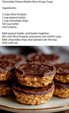 chocolate peanut butter rice krispy cups on a plate