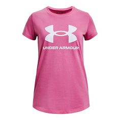 Upgrade her sporty style with this iconic girls' graphic t-shirt from Under Armour. Super-soft, cotton-blend fabric provides all-day comfort Dropped, shaped hem for enhanced coverage Crewneck Short sleevesFABRIC & CARE Cotton, polyester Machine wash Imported Size: Medium. Color: Pink Edge White. Gender: female. Age Group: kids. Material: Cotton Blend. Under Armour Logo, Under Armour Girls, Pink T Shirt, Pink Tshirt, Sporty Style, Logo Graphic, Girls Tshirts, Gender Female, Fabric Care