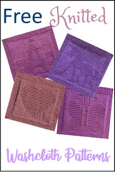 three knitted washcloths with the words free knitting pattern on it and four different colors