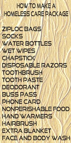 Here are just a few things you can put into a care package for someone who is homeless. Did we miss anything? Let us know! Stop by our website www.mygnomeonthwroam.com for more ideas. Homeless Christmas Care Package, Blessings Bags, Homeless Ideas, Homeless Help, Homeless Bags, Homeless Care Package, Quote Kindness, Donation Ideas, Blessing Bag