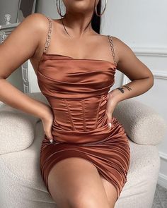 Bodycon Dress Outfit, Corset Bodycon Dress, Brown Corset, Body Con Dress Outfit, Satin Bodycon Dress, Bodycon Outfits, Satin Corset, Pretty Prom Dresses, Dress Satin