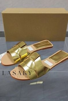 Lasaky - Versatile Coastal Slip-On Sandals for Effortlessly Chic Flat Sole Comfort. Gold Flat Mules For Spring, Gold Slippers For Summer, Gold Slide Mules For Beach, Casual Gold Round Toe Sandals, Gold Flats For Summer Parties, Gold Casual Slide Sandals, Casual Gold Slide Sandals, Gold Slip-on Mules For Vacation, Gold Summer Slippers