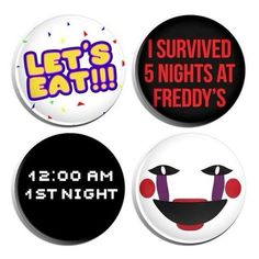 four buttons that say let's eat, i survived 5 nights at friday's