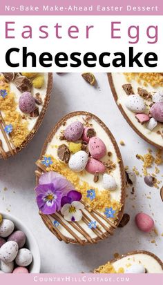 an easter egg cheesecake with white frosting and colorful candies in the middle