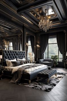 a luxurious bedroom with black walls and wood flooring