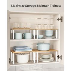 the shelves have dishes and cups on them in this kitchen storage area with text overlay that reads, minimize storage, maintain trimness