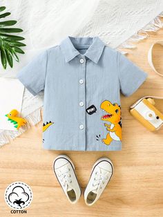 Baby Blue  Collar Short Sleeve Woven Fabric Cartoon Blouse Embellished Non-Stretch  Baby Boys Clothing Blouse Cartoon, Boys Tops, Dinosaur Pattern, Cute Dinosaur, Children's Book Illustration, Boys Clothing, Top Pattern, Book Illustration