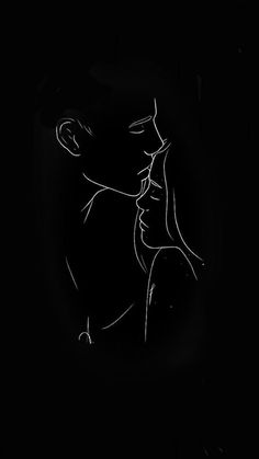 a black and white drawing of a man kissing a woman's face in the dark