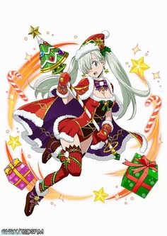 an anime character is flying through the air with christmas decorations on her feet and presents in front of her