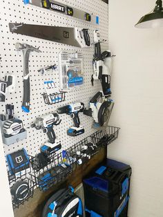 tools are displayed on the pegboard in this garage storage area, along with other tools