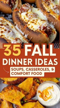 the cover of 35 fall dinner ideas soups, casseroles and comfort food