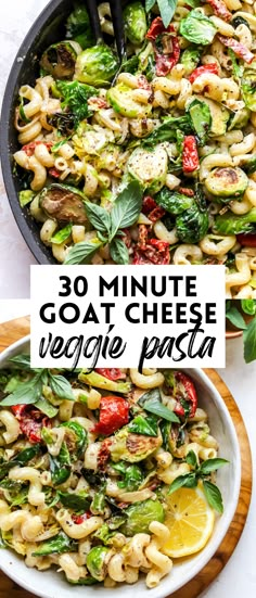 a bowl filled with pasta and vegetables next to a skillet on top of a table