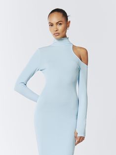 With the asymmetric cut-out detail on the shoulder, this fitted midi dress is alluring and elegant. Made from a lightweight, soft light blue rib knit, this dress features a high neck and long sleeves, closely hugging and accentuating your curves.  Rib knit One-shoulder cut-out Turtleneck Long sleeves Figure-hugging fit  Slim fit, take your normal size Model is 5'9" / 174cm and wears a size UK6 (US2 / EU34) 95% Polyester 5% Spandex  Dry Clean Only Turn inside out before cleaning Do not tumble dry Spring Fitted Midi Dress With Cutaway Shoulders, Fitted Midi Dress With Cutaway Shoulders For Spring, Light Blue Off-shoulder Midi Dress, Light Blue Fitted Off-shoulder Midi Dress, Light Blue One-shoulder Midi Dress For Spring, Light Blue One Shoulder Midi Dress For Spring, Spring Light Blue One-shoulder Midi Dress, Blue Asymmetrical Bodycon Dress For Spring, Asymmetrical Blue Bodycon Dress For Spring