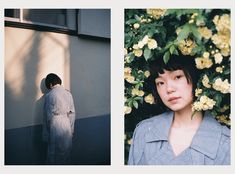 two pictures of a woman standing in front of flowers