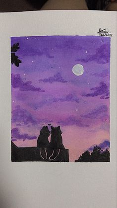 a drawing of two cats sitting on top of a roof with the moon in the background