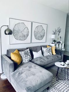 a living room with gray couches and yellow pillows on the floor, two pictures above them