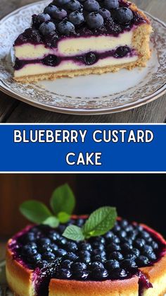 blueberry custard cake on a plate with the words, blueberry custard cake