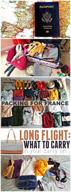 the contents of a travel bag are shown in this collage with text that reads, long flight what to carry