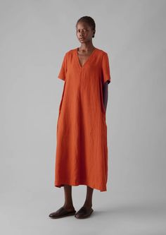 Garment Dyed Linen V-Neck Dress | Rooibos Red | TOAST Toast Clothing, Workwear Dresses, Floral Print Dresses, Denim Dresses, Easy Shape, Mens Loungewear, Dyed Linen, Loungewear Women, Poplin Dress